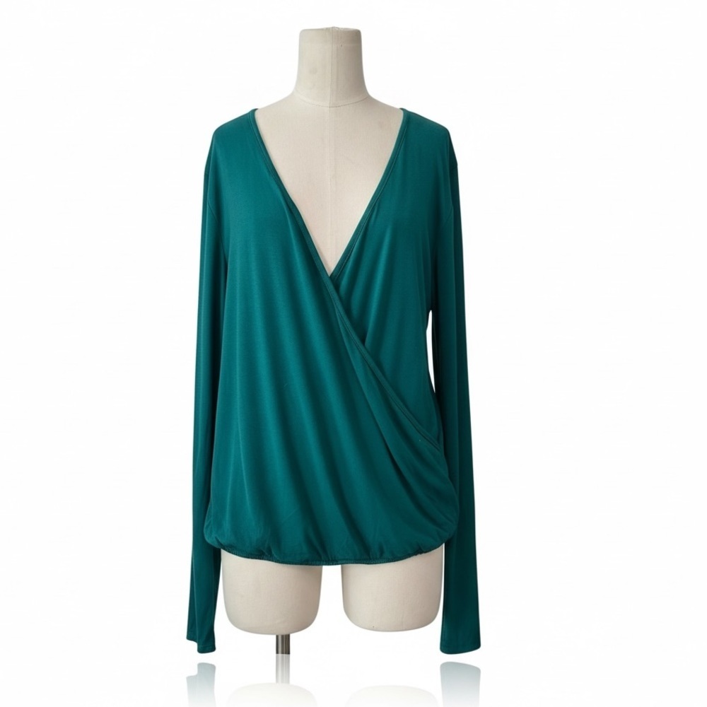 Neiman Marcus Teal Surplice Long Sleeve Blouse Top Size L NWT